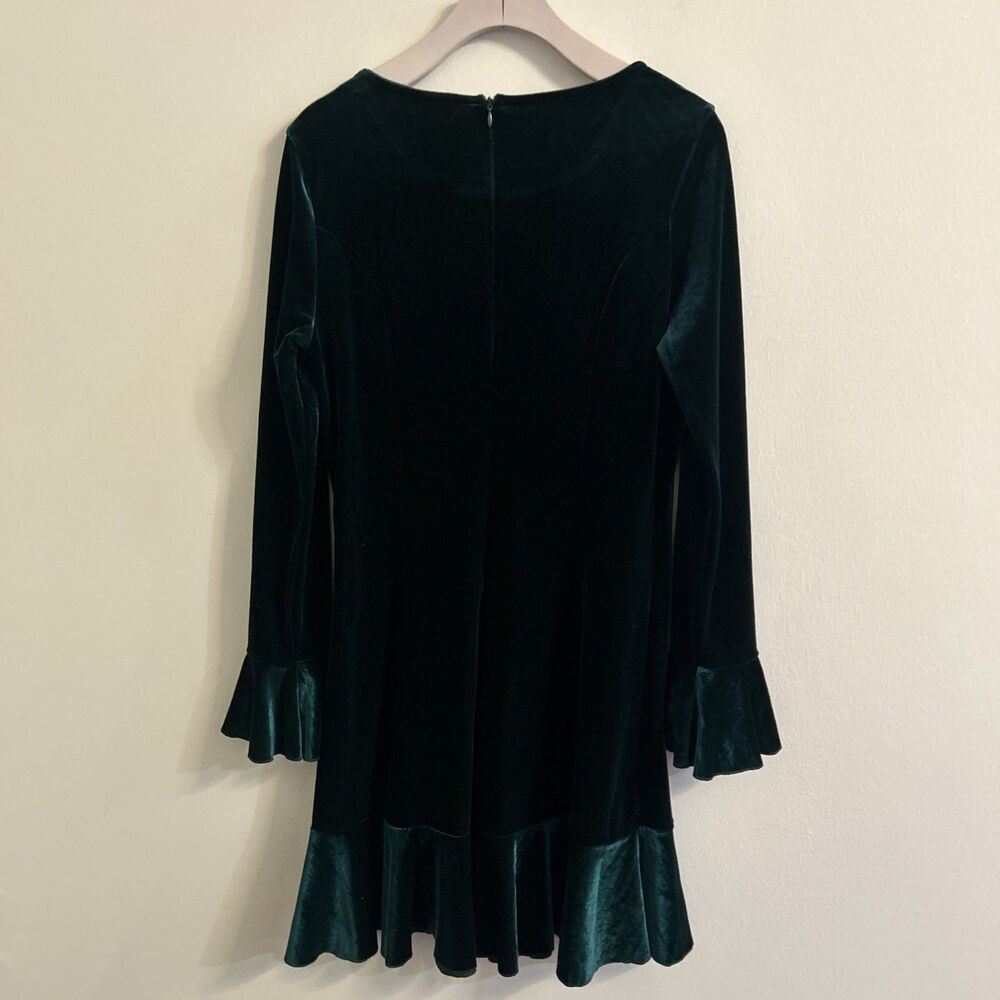 See and Be Seen Green Velvet Dress Small Long Sleeve Flounce Hem - Picture 6 of 7